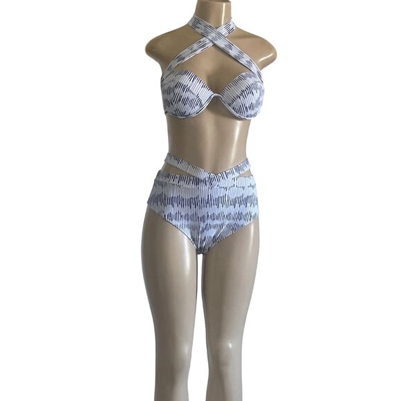 Premium 2-PC Swimsuit Multi-wear Halter Top High Waist Patterned Design Bikini - Picture 4 of 10